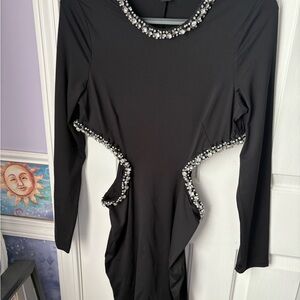 Black Long Sleeve Dress with Beaded Trim